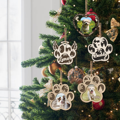 Mostprints Personalized Wooden Dog Cat Paw Ornament Christmas, Custom Dogs Cat Suncatcher Pet Name Ornaments, Customized Memorial Dog Ornament for Christmas Tree
