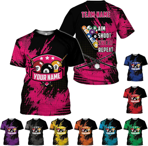 Custom 3D Billiard Shirt for Men Women Personalized Pool Player Team Apparel with 8 Ball Flag Design Gift to Billiard Lovers