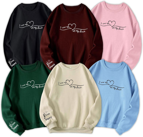 AOVL Personalized Embossed I Wear My Heart On My Sleeve Sweatshirt, Custom Mama Sweatshirt With Name On Sleeve, Gift For Mom