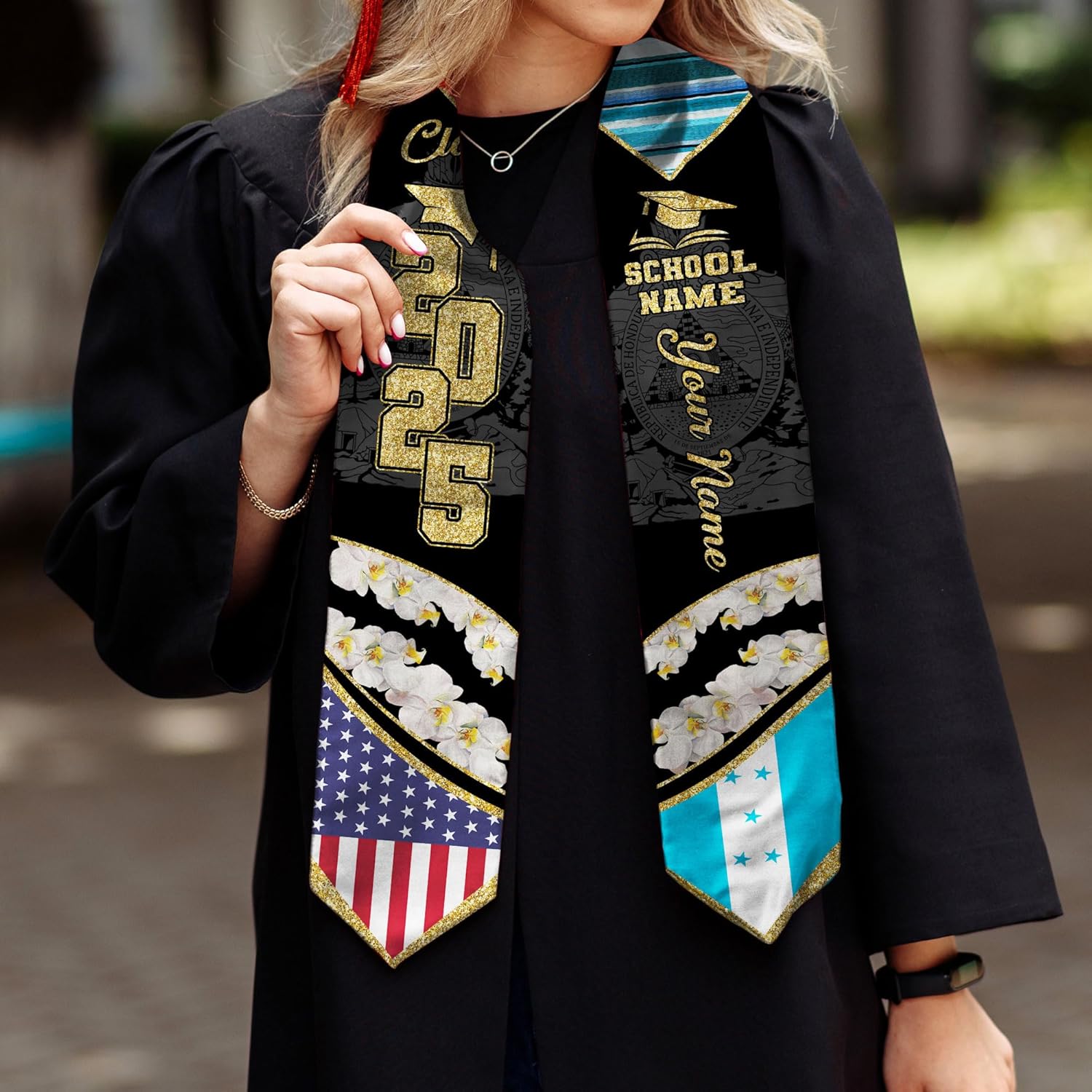 Pretyprints Honduran Graduation Sash, Custom Honduran American Flag Graduation Sash 2025, Honduras Graduation Stole