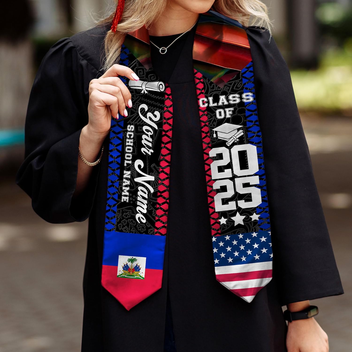 Pretyprints Haitians Graduation Sash, Haiti Graduation Stole Custom, Personalized Haitians American Flag Graduation Sash 2025