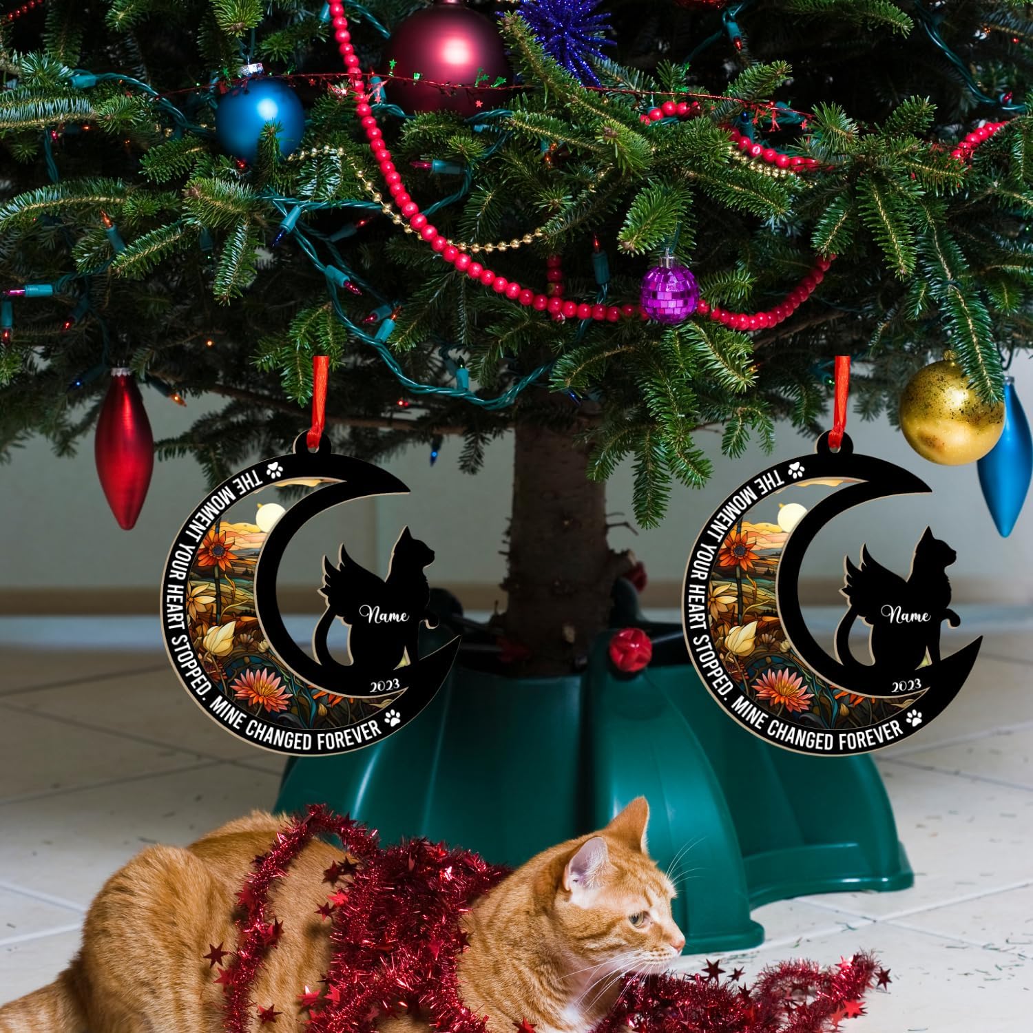 MAPrints Personalized Cat Christmas Ornaments, Cat First Christmas Suncatcher Wood Ornaments, Gifts for Cat Lovers, Cat Memorial Ornament, Forever Loved Cat Keepsake, Cat Loss Gifts (CAT 12+)