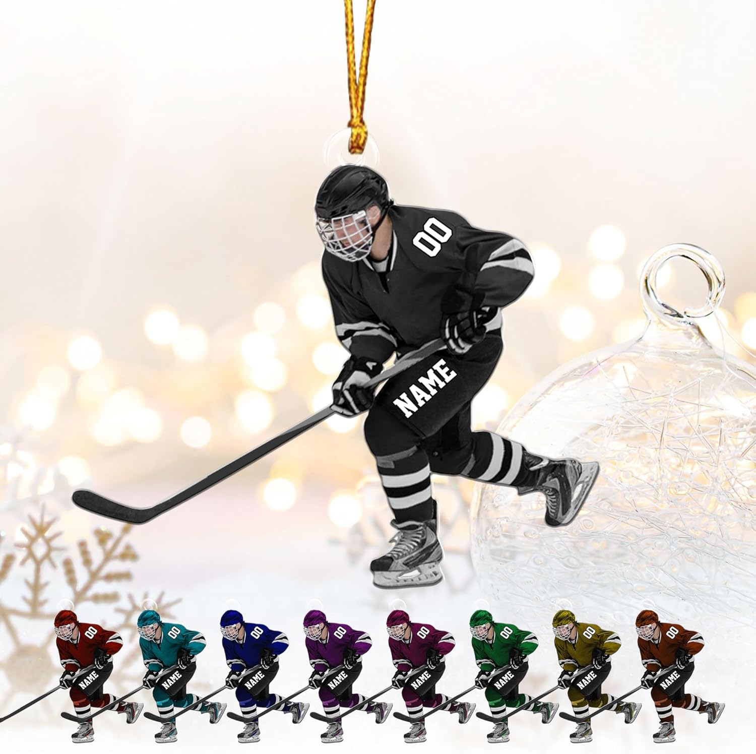 AOVL Personalized Hockey Christmas Ornament, Hockey Skates Helmet and Stick, Hockey Player Ornament, Hockey Ornament, Hockey Flat Ornament, Gift for Hockey Lovers Christmas Tree Decor (HK14)