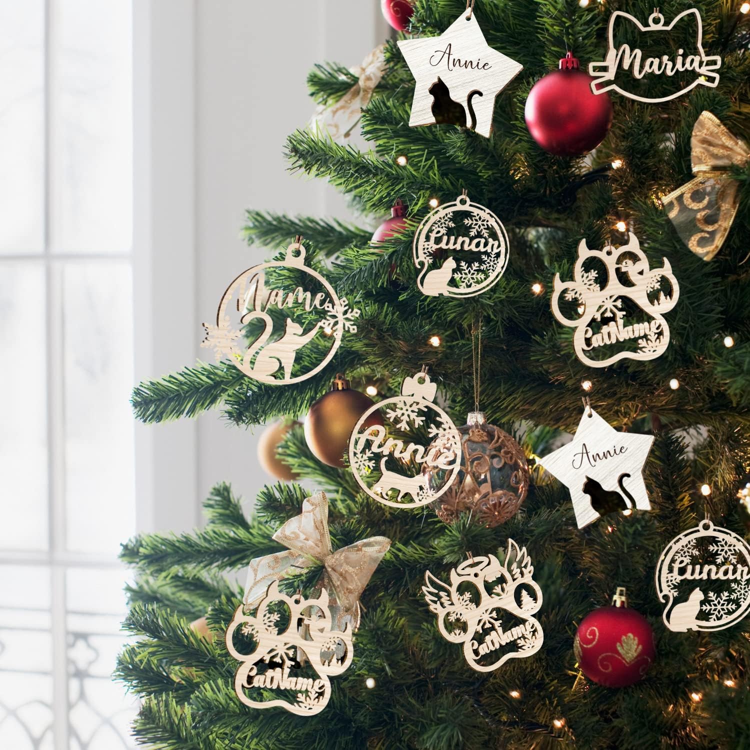 Mostefy Personalized Wooden Dog Cat Paw Ornament Christmas, Custom Dogs Cat Suncatcher Pet Name Ornaments, Customized Memorial Dog Ornament for Christmas Tree (Cat 2)