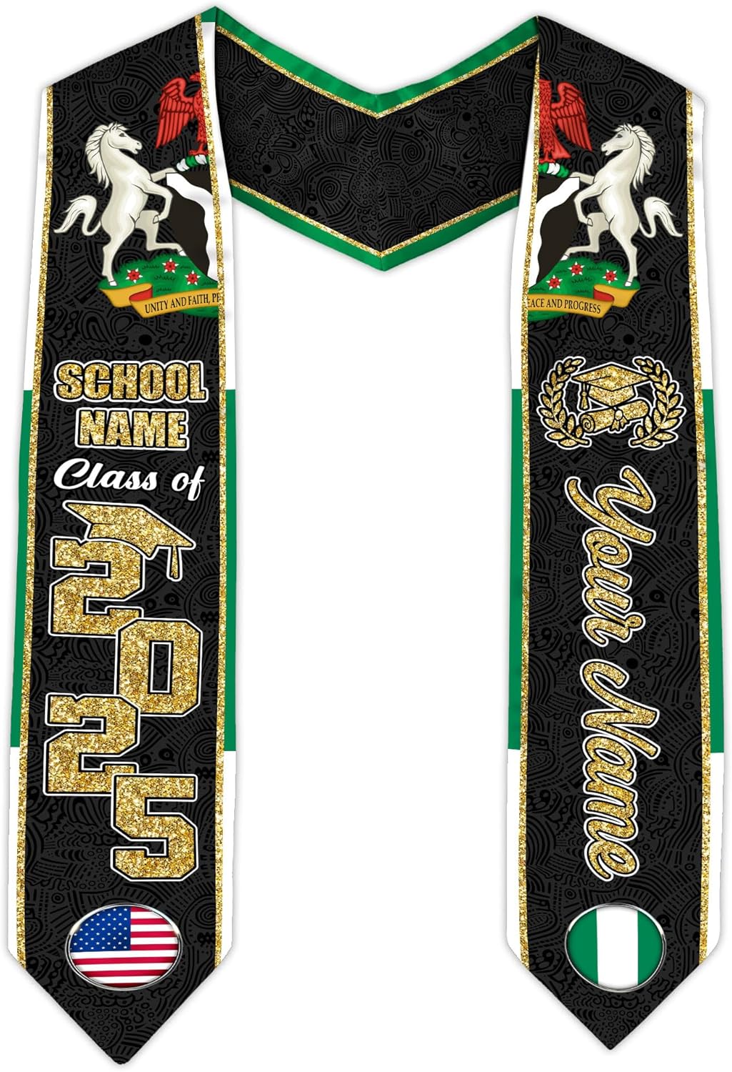 Pretyprints Custom Nigerian Graduation Sash, Nigeria Graduation Stole Customize, Nigerian American Flag Graduation Sash 2025
