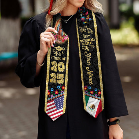 Customize Mexican American Flag Graduation Sash, Mexico Graduation Stole, class of 2025