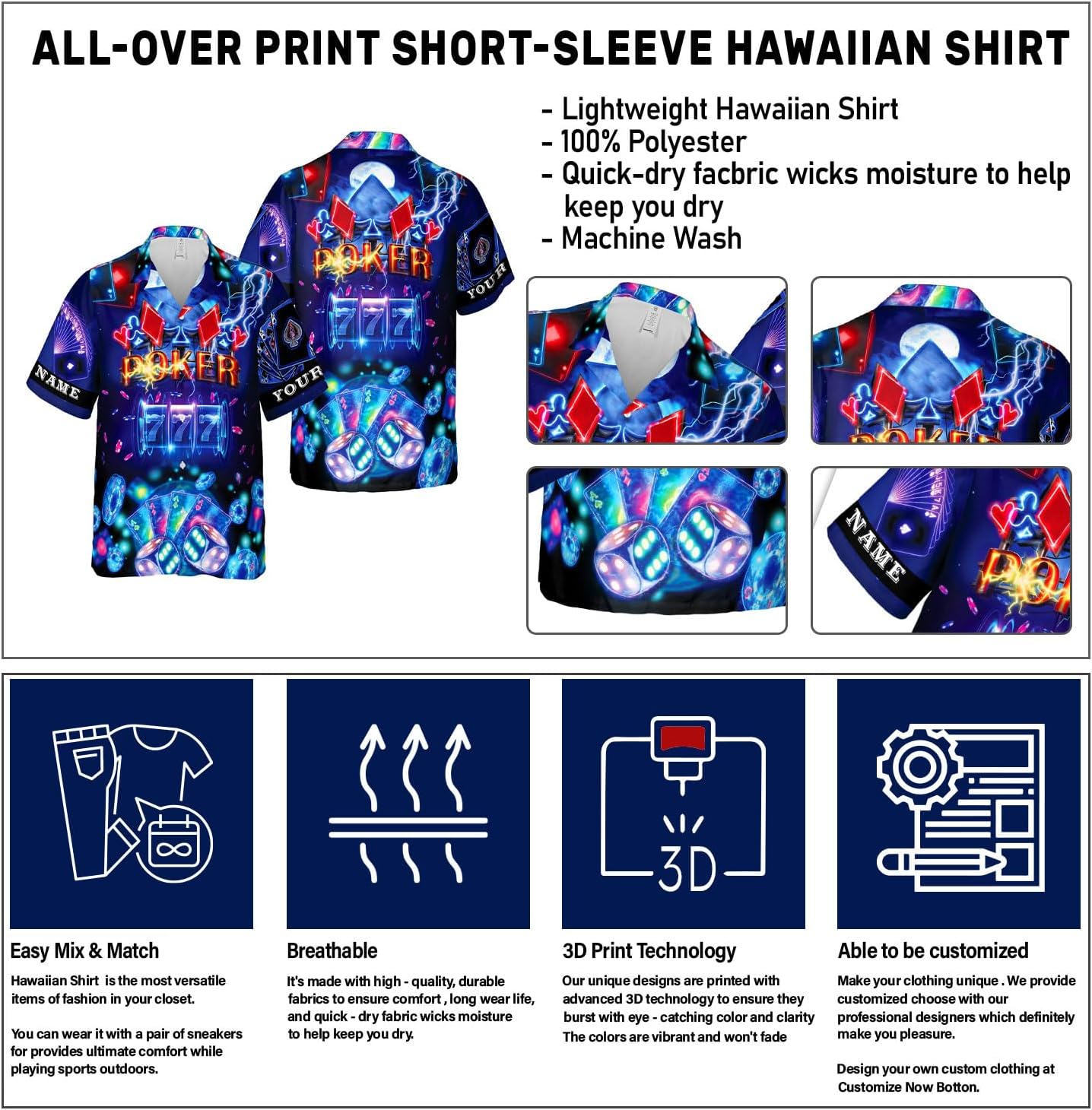 Custom Poker Hawai Shirts for Men Poker Hawaiian Shirt Gambling Casino Fire Short Sleeve Button Down Shirt Summer Beach Shirt
