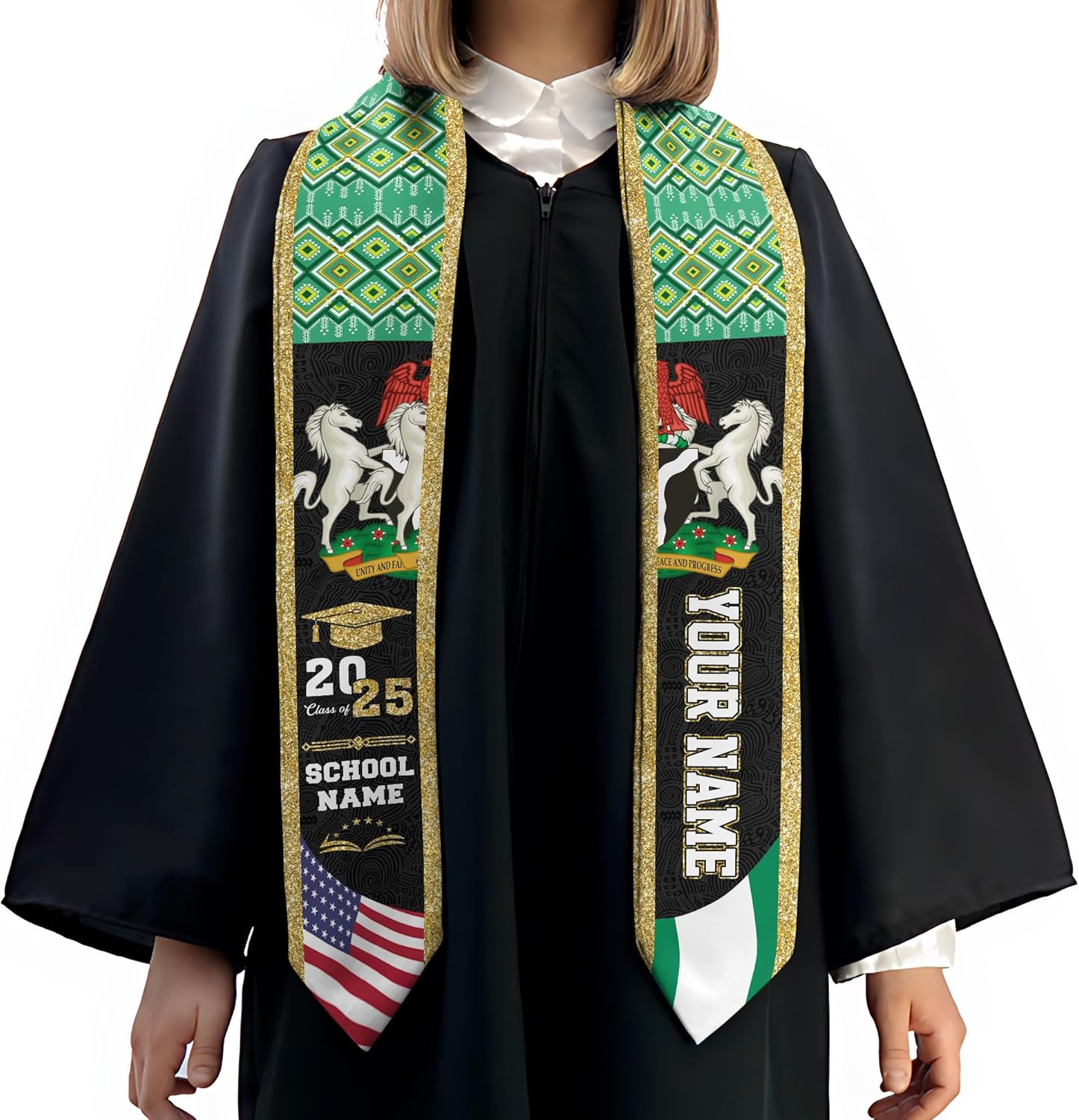 Pretyprints Custom Nigerian Graduation Sash, Nigeria Graduation Stole Customize, Nigerian American Flag Graduation Sash 2025