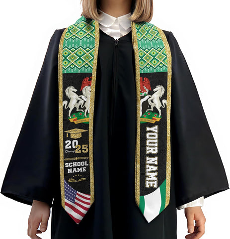 Pretyprints Custom Nigerian Graduation Sash, Nigeria Graduation Stole Customize, Nigerian American Flag Graduation Sash 2025