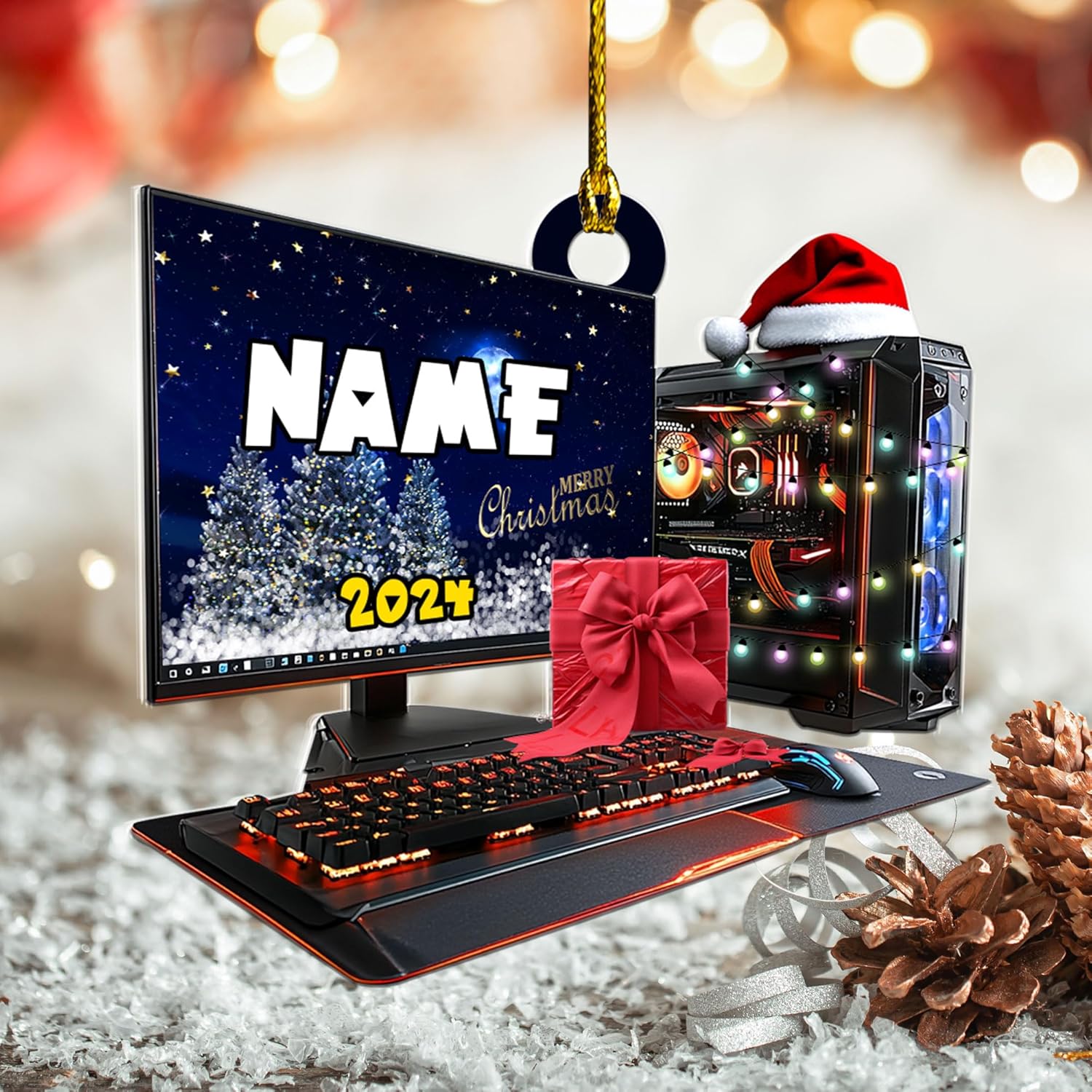 Podagree Personalized Name PC Computer Ornament Christmas, Shape Flat Christmas Ornament for Gamer, Gaming Gamer Christmas Ornament Gift for Boys, PC Game Player Decoration with Custom Name (CP3)