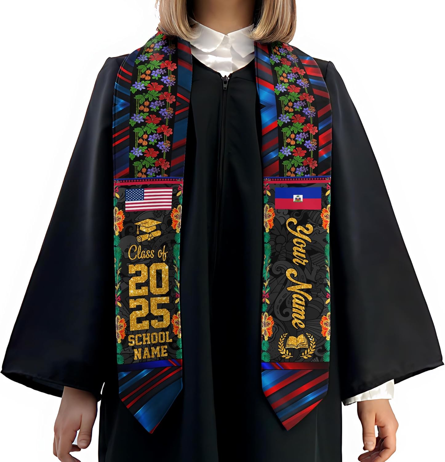 Pretyprints Haitians Graduation Sash, Haiti Graduation Stole Custom, Personalized Haitians American Flag Graduation Sash 2025