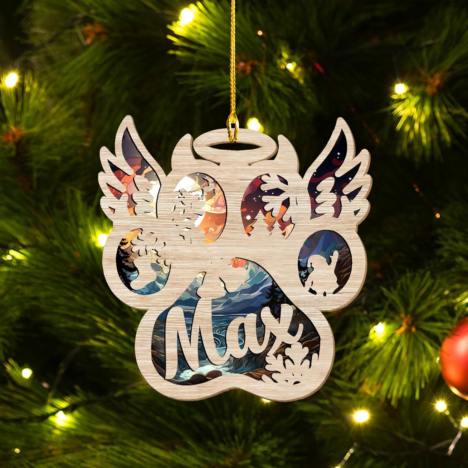 Mostprints Personalized Wooden Dog Cat Paw Ornament Christmas, Custom Dogs Cat Suncatcher Pet Name Ornaments, Customized Memorial Dog Ornament for Christmas Tree (Suncatcher 7)