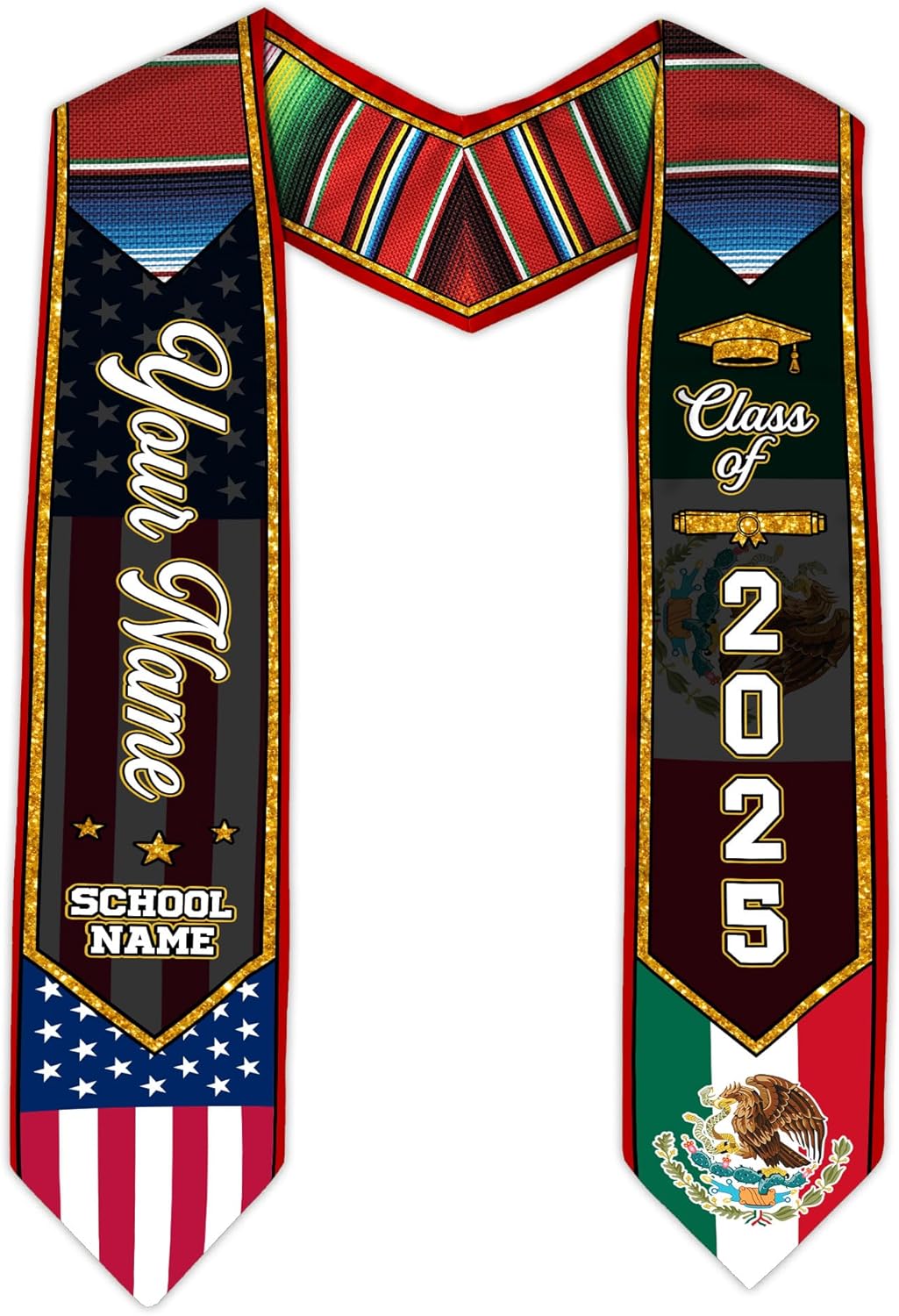 Custom Mexican Graduation Sash, Mexico Graduation Stole Customize Photo, Mexican American Flag Graduation Sash 2025