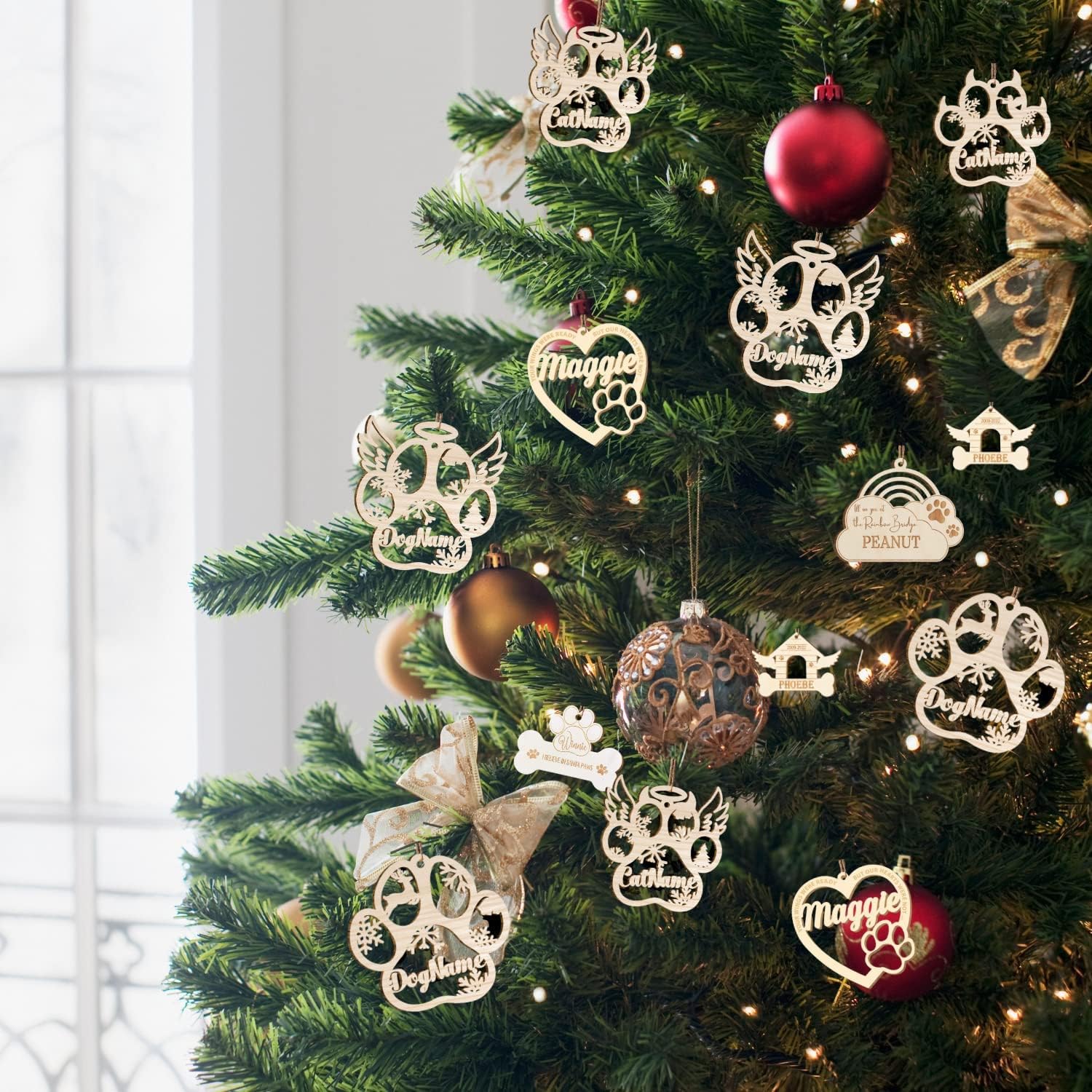 Mostefy Personalized Wooden Dog Cat Paw Ornament Christmas, Custom Dogs Cat Suncatcher Pet Name Ornaments, Customized Memorial Dog Ornament for Christmas Tree (Dog Paw Wing)