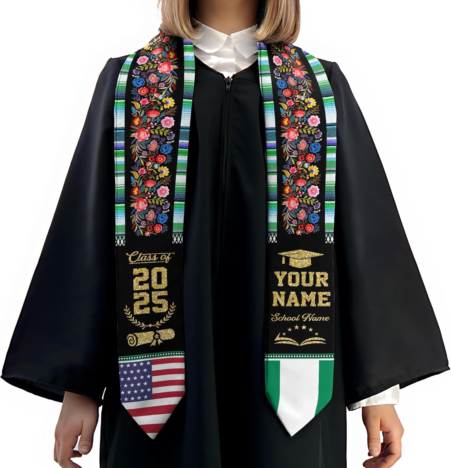 Pretyprints Custom Nigerian Graduation Sash, Nigeria Graduation Stole Customize, Nigerian American Flag Graduation Sash 2025