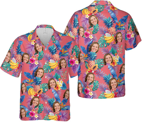 Customized Tropical Floral Hawaiian Shirt with Face for Men and Women, Wife's Husband\u2019s Photo Aloha Beach Fruit Flower Shirts