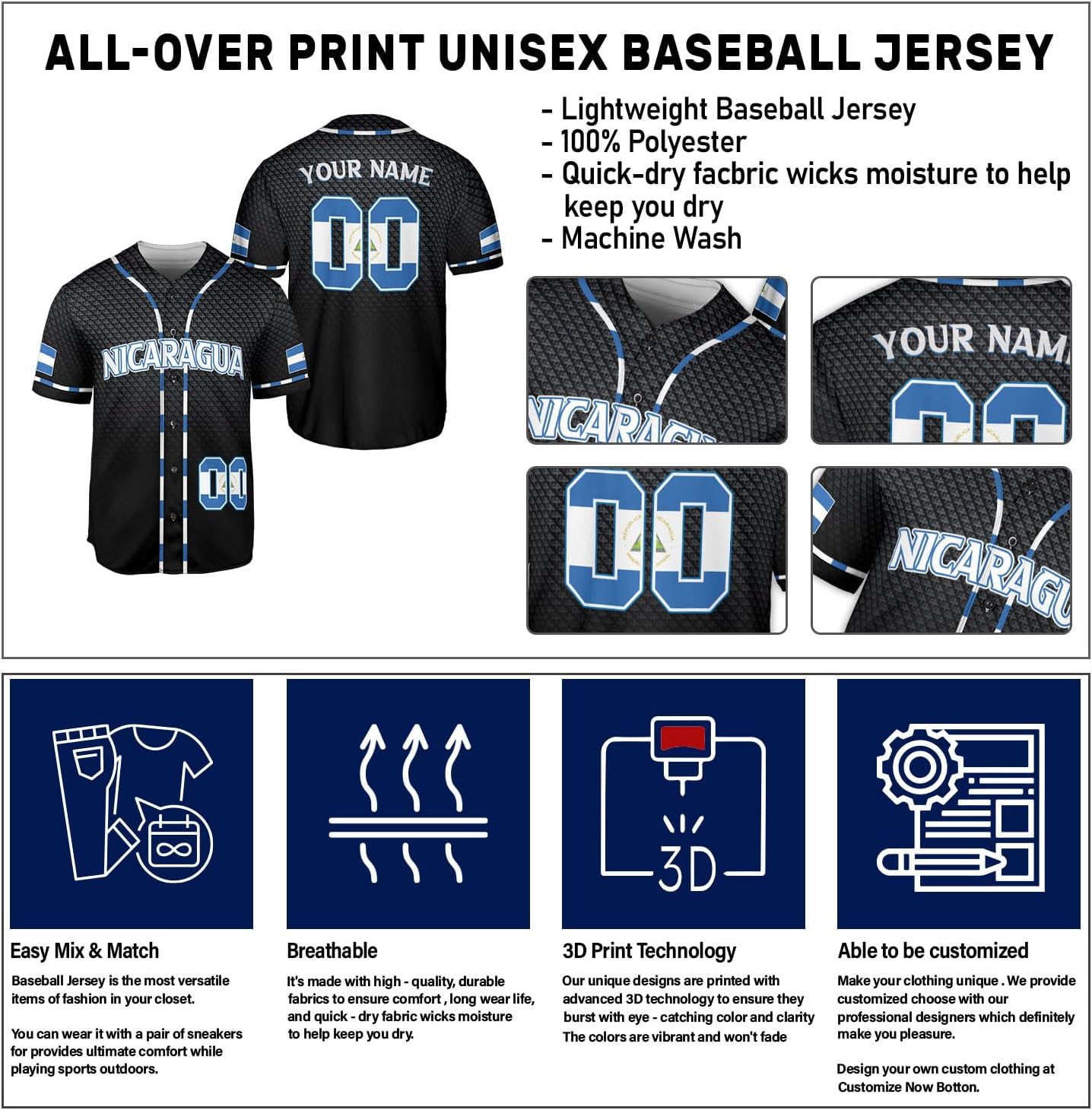 Personalized Nicaragua Baseball Jersey, Custom Nicaragua Baseball Jersey for Men & Women, Nicaraguan Camisas Shirt