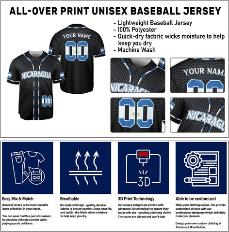 Personalized Nicaragua Baseball Jersey, Custom Nicaragua Baseball Jersey for Men & Women, Nicaraguan Camisas Shirt