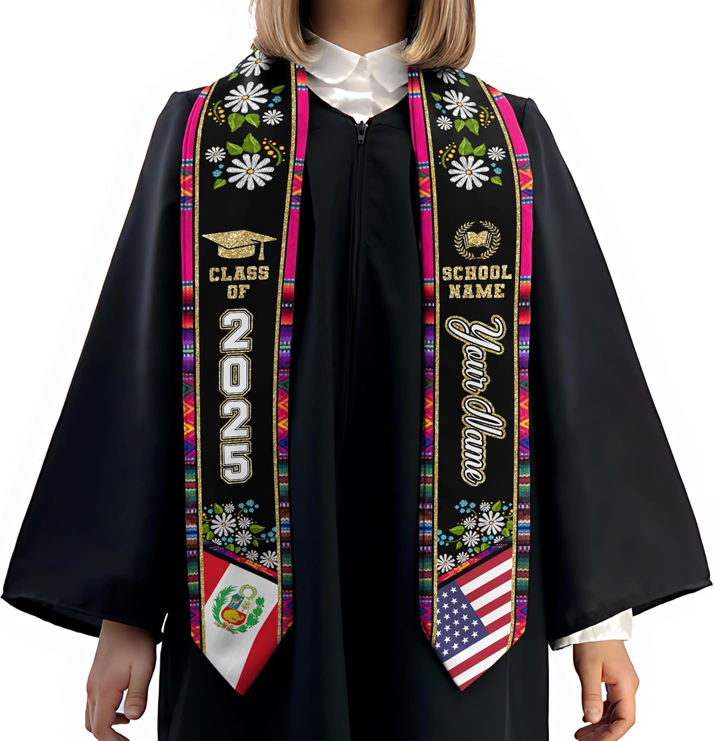 Pretyprints Peruvians Graduation Sash, Peru Graduation Stole Custom Personalized Peruvians American Flag Graduation Sash 2025
