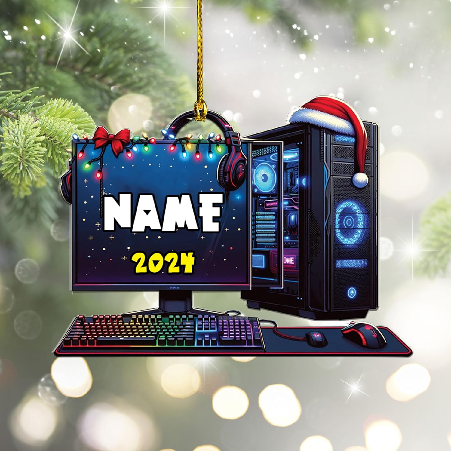 Podagree Personalized Name PC Computer Ornament Christmas, Shape Flat Christmas Ornament for Gamer, Gaming Gamer Christmas Ornament Gift for Boys, PC Game Player Decoration with Custom Name (CPT1)