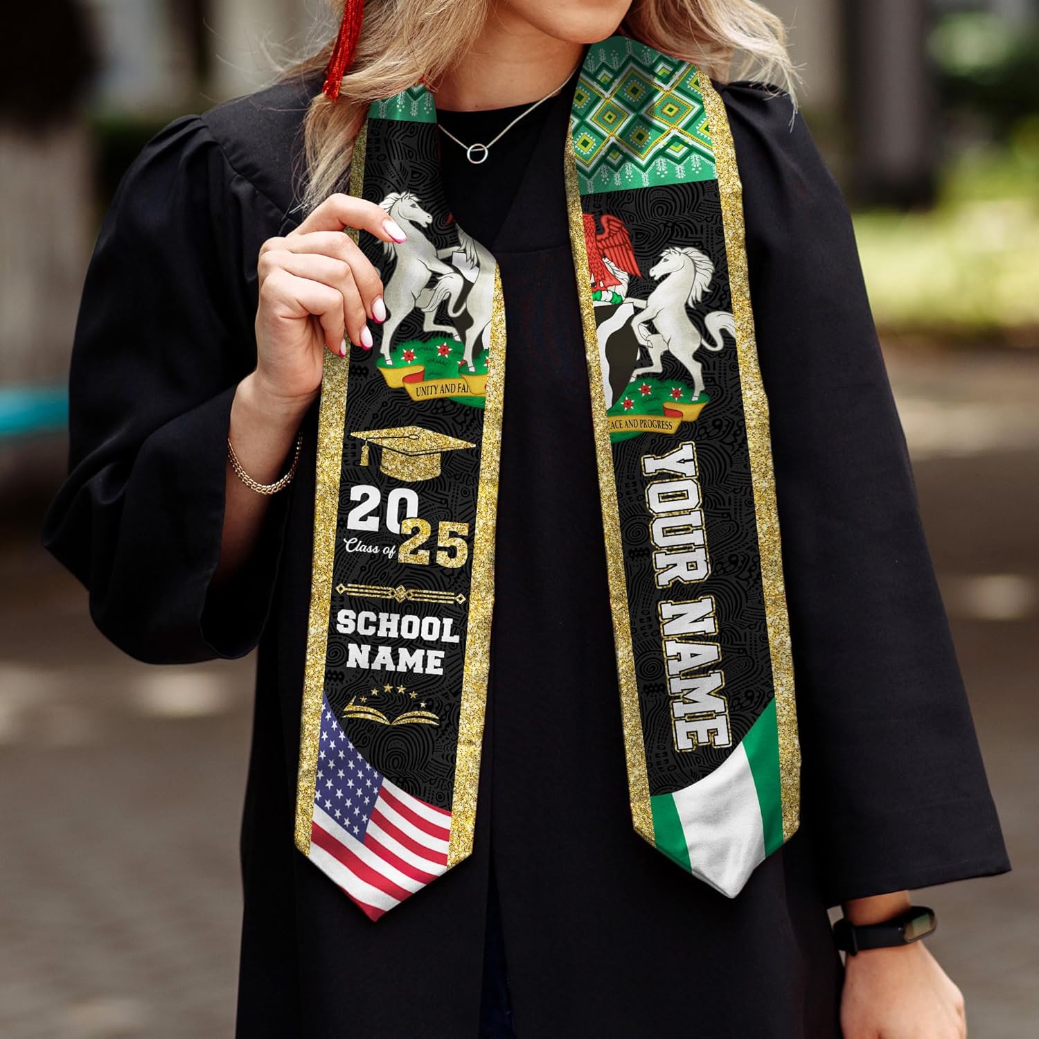 Pretyprints Custom Nigerian Graduation Sash, Nigeria Graduation Stole Customize, Nigerian American Flag Graduation Sash 2025