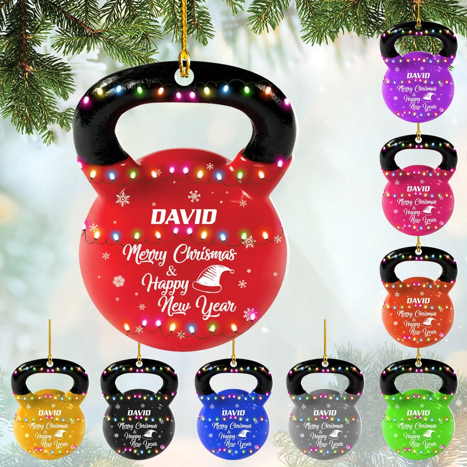 mostprints Personalized Dumbbell Ornament, Fitness Gift for Gym Workout Trainer Coach Instructor, Barbell Weight Plates Custom Ornament for Weightlifter, Weightlifting Ornament (D2)