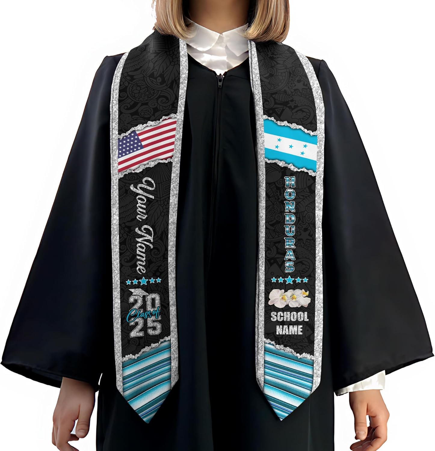 Pretyprints Honduran Graduation Sash, Custom Honduran American Flag Graduation Sash 2025, Honduras Graduation Stole