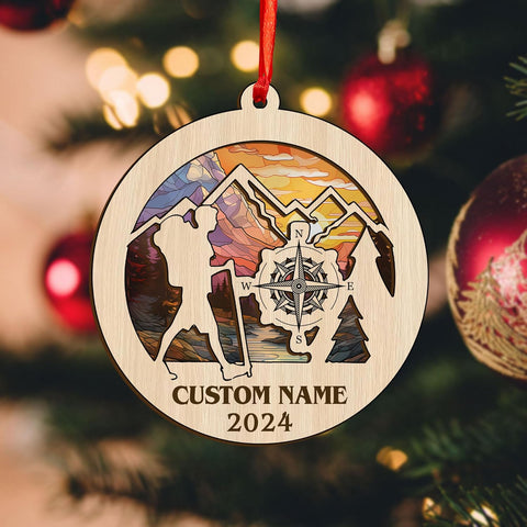 MAPrints Personalized Mountain Hiking Ornament, Hiker Ornament, Suncatcher Wood Sport Christmas Ornament, Gifts for Hiking Lovers Hiking Backpack, Hanging Ornament for Christmas 2024 (Hiki 6)