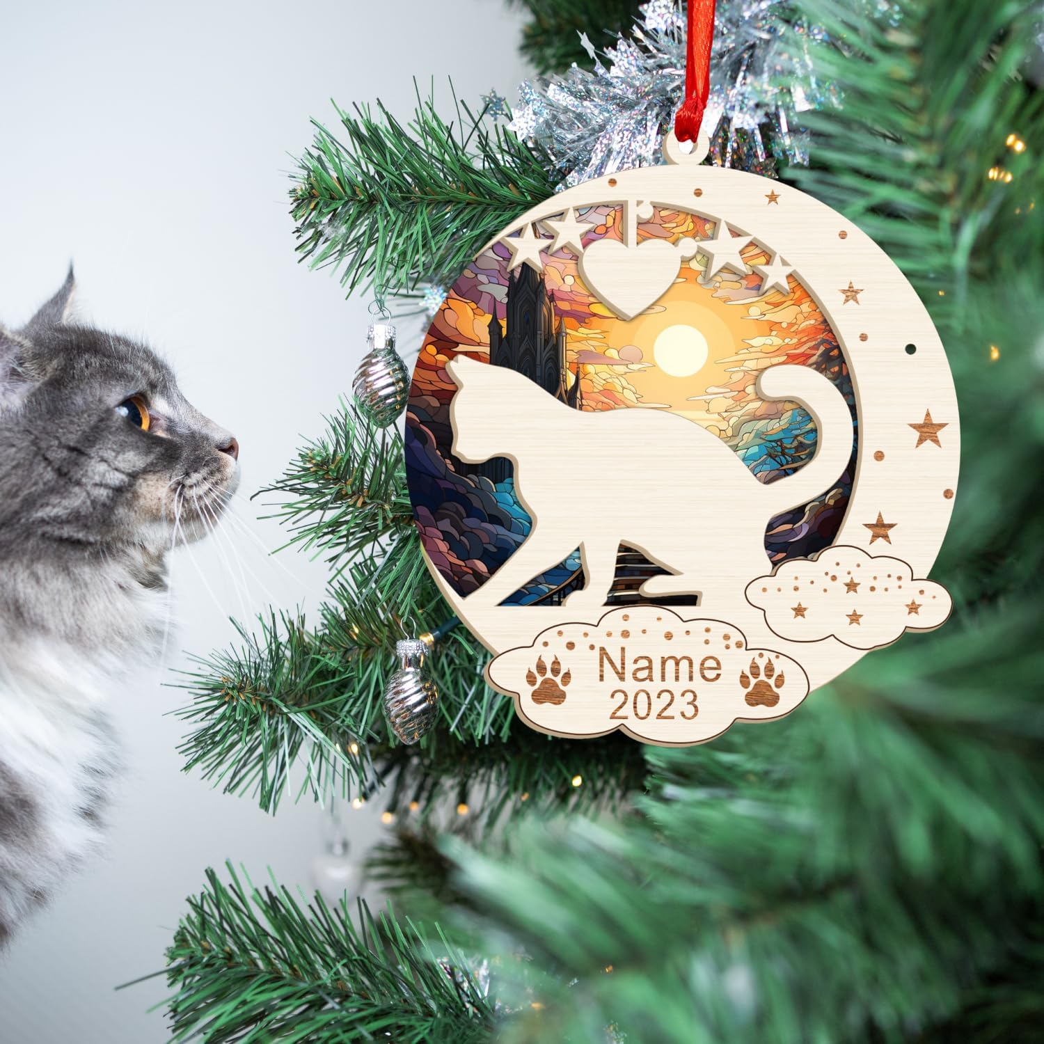 MAPrints Personalized Cat Christmas Ornaments, Cat First Christmas Suncatcher Wood Ornaments, Gifts for Cat Lovers, Cat Memorial Ornament, Forever Loved Cat Keepsake, Cat Loss Gifts (CAT 20)