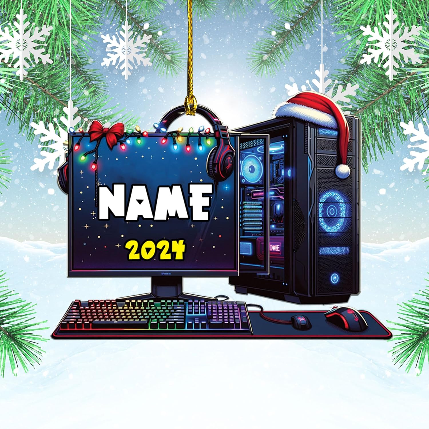 Podagree Personalized Name PC Computer Ornament Christmas, Shape Flat Christmas Ornament for Gamer, Gaming Gamer Christmas Ornament Gift for Boys, PC Game Player Decoration with Custom Name (CPT1)