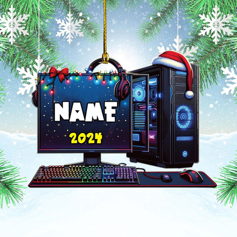 Podagree Personalized Name PC Computer Ornament Christmas, Shape Flat Christmas Ornament for Gamer, Gaming Gamer Christmas Ornament Gift for Boys, PC Game Player Decoration with Custom Name (CPT1)