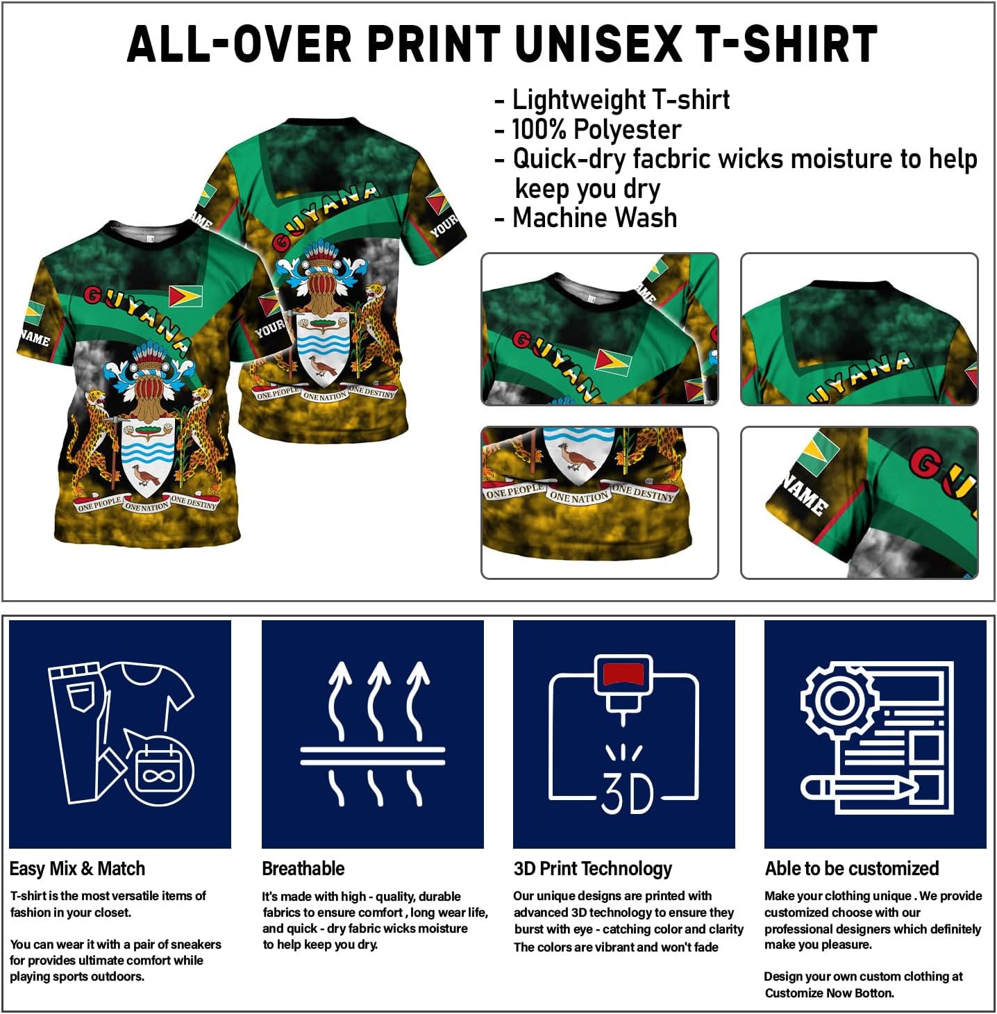 Rivelus Personalized Name 3D Shirt, Guyana Tshirt for Men Women, Guyanese Flag Pride Shirts, Guyana Gift S-5XL