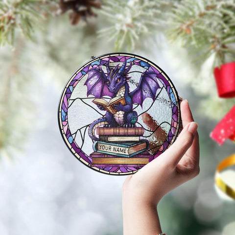 Brevnex Custom Book Dragon Suncatcher Ornament, Fantasy Dragon Stained Glass Window Hanging, Dragon Wall Window Hanging Art Decoration, Bookish Home Decor (Dragon 4)