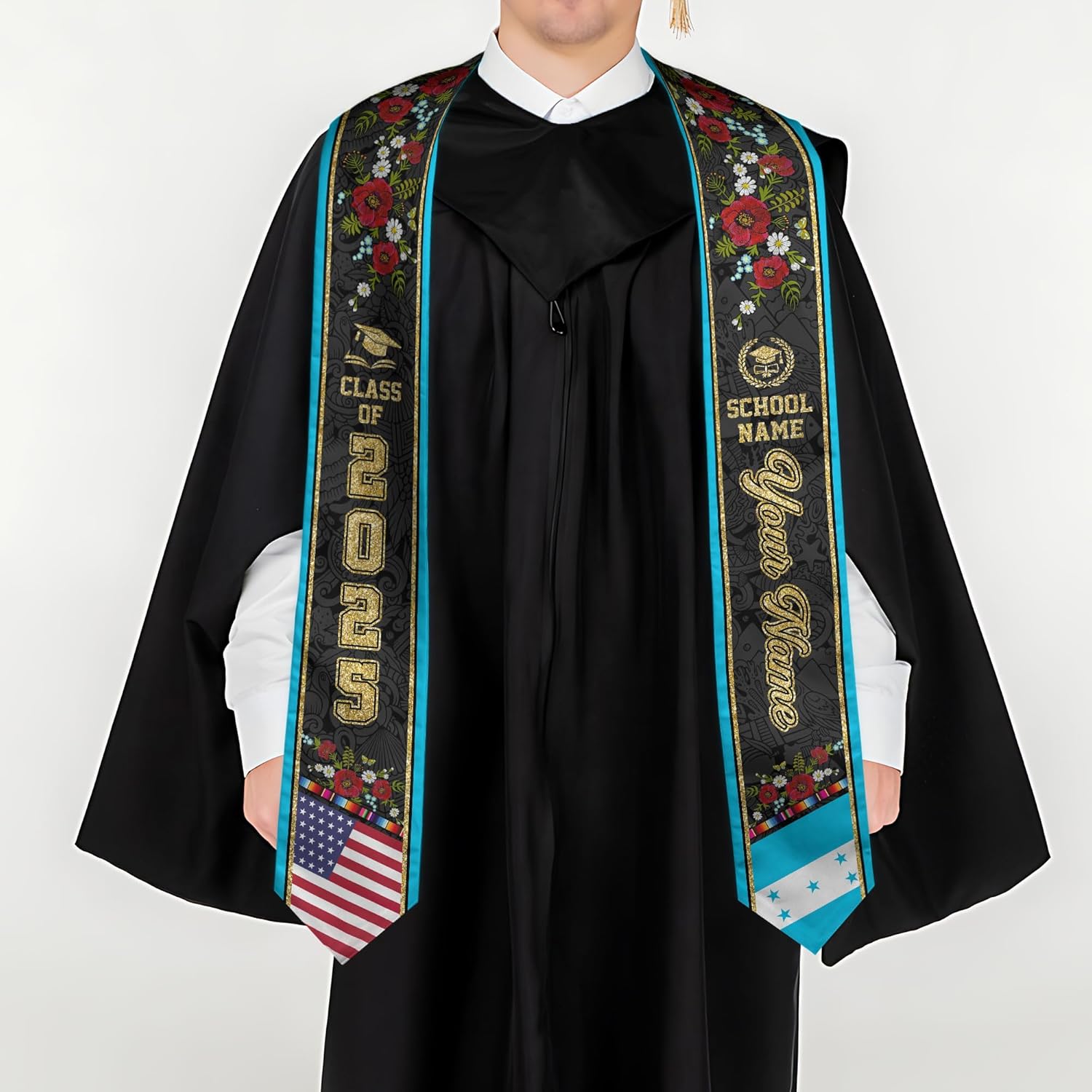 Pretyprints Honduran Graduation Sash, Custom Honduran American Flag Graduation Sash 2025, Honduras Graduation Stole