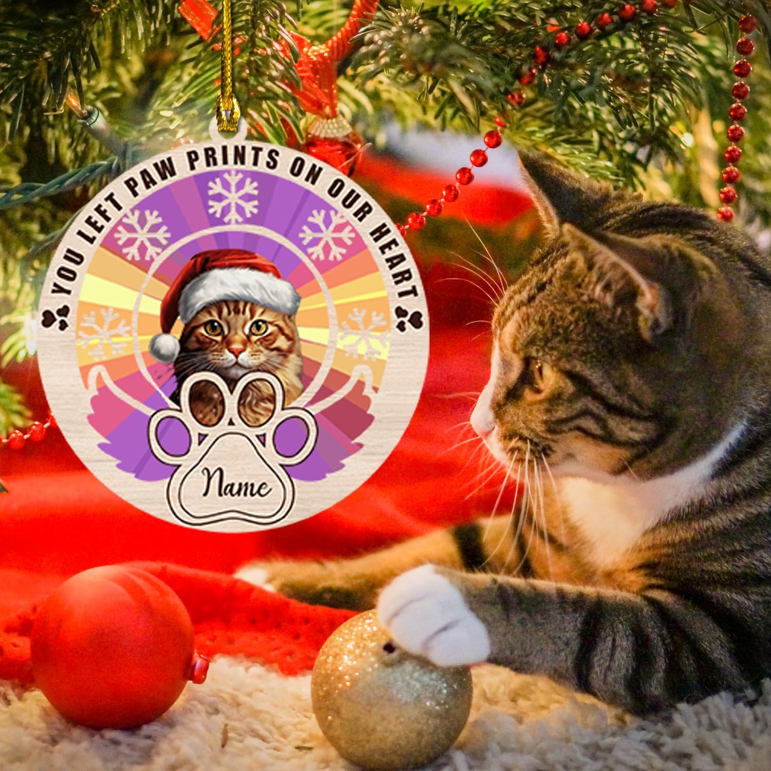 MAPrints Personalized Cat Christmas Ornaments, Cat First Christmas Suncatcher Wood Ornaments, Gifts for Cat Lovers, Cat Memorial Ornament, Forever Loved Cat Keepsake, Cat Loss Gifts (CAT 22)