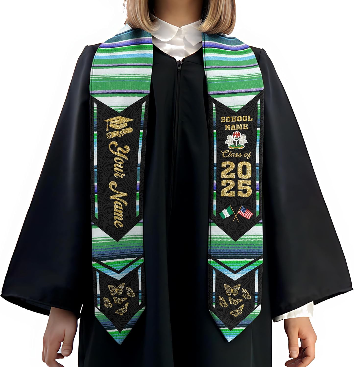 Pretyprints Custom Nigerian Graduation Sash, Nigeria Graduation Stole Customize, Nigerian American Flag Graduation Sash 2025