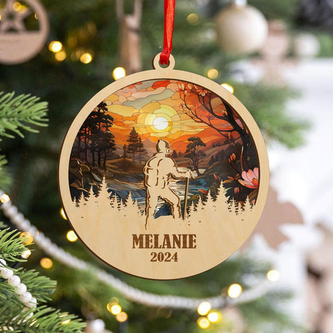 MAPrints Personalized Mountain Hiking Ornament, Hiker Ornament, Suncatcher Wood Sport Christmas Ornament, Gifts for Hiking Lovers Hiking Backpack, Hanging Ornament for Christmas 2024 (Hiki 1)