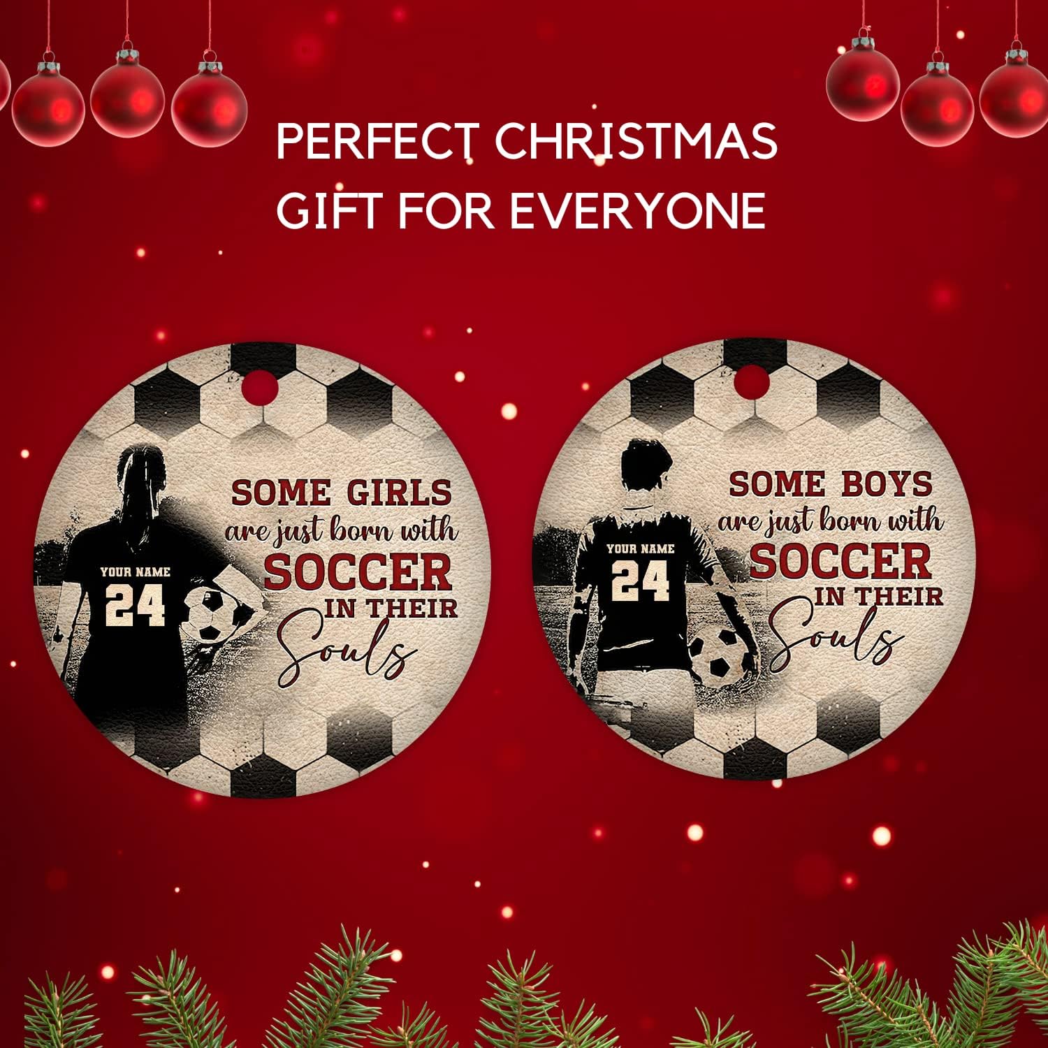 Mostprints Personalized Name and Numer Soccer Christmas Ornament 2023, Custom Soccer Ornaments for Xmas, Soccer Ornament Handmade from Wood Tree Hanging Ornament Pine Tree Decorations for Couple