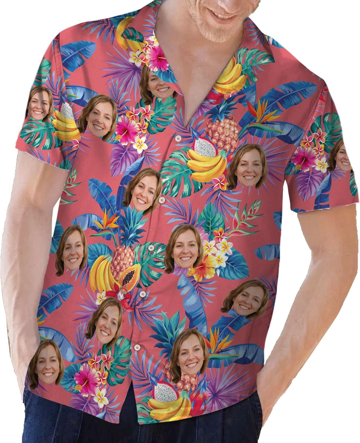 Customized Tropical Floral Hawaiian Shirt with Face for Men and Women, Wife's Husband\u2019s Photo Aloha Beach Fruit Flower Shirts