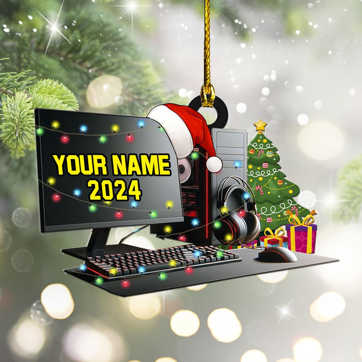 Podagree Personalized Name PC Computer Ornament Christmas, Shape Flat Christmas Ornament for Gamer, Gaming Gamer Christmas Ornament Gift for Boys, PC Game Player Decoration with Custom Name (CPT7)
