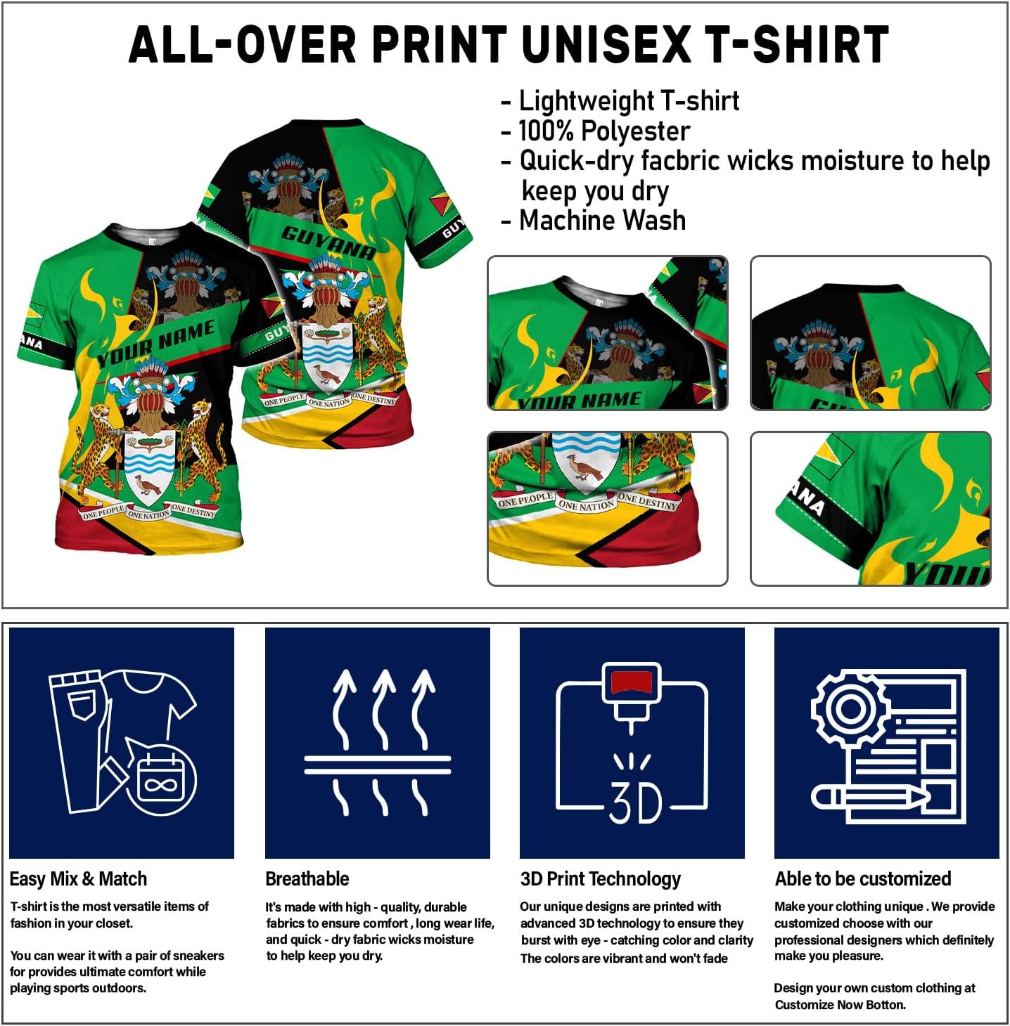 Rivelus Personalized Name 3D Shirt, Guyana Tshirt for Men Women, Guyanese Flag Pride Shirts, Guyana Gift S-5XL