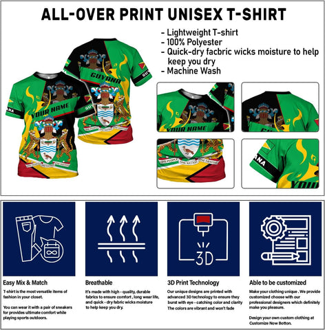 Rivelus Personalized Name 3D Shirt, Guyana Tshirt for Men Women, Guyanese Flag Pride Shirts, Guyana Gift S-5XL