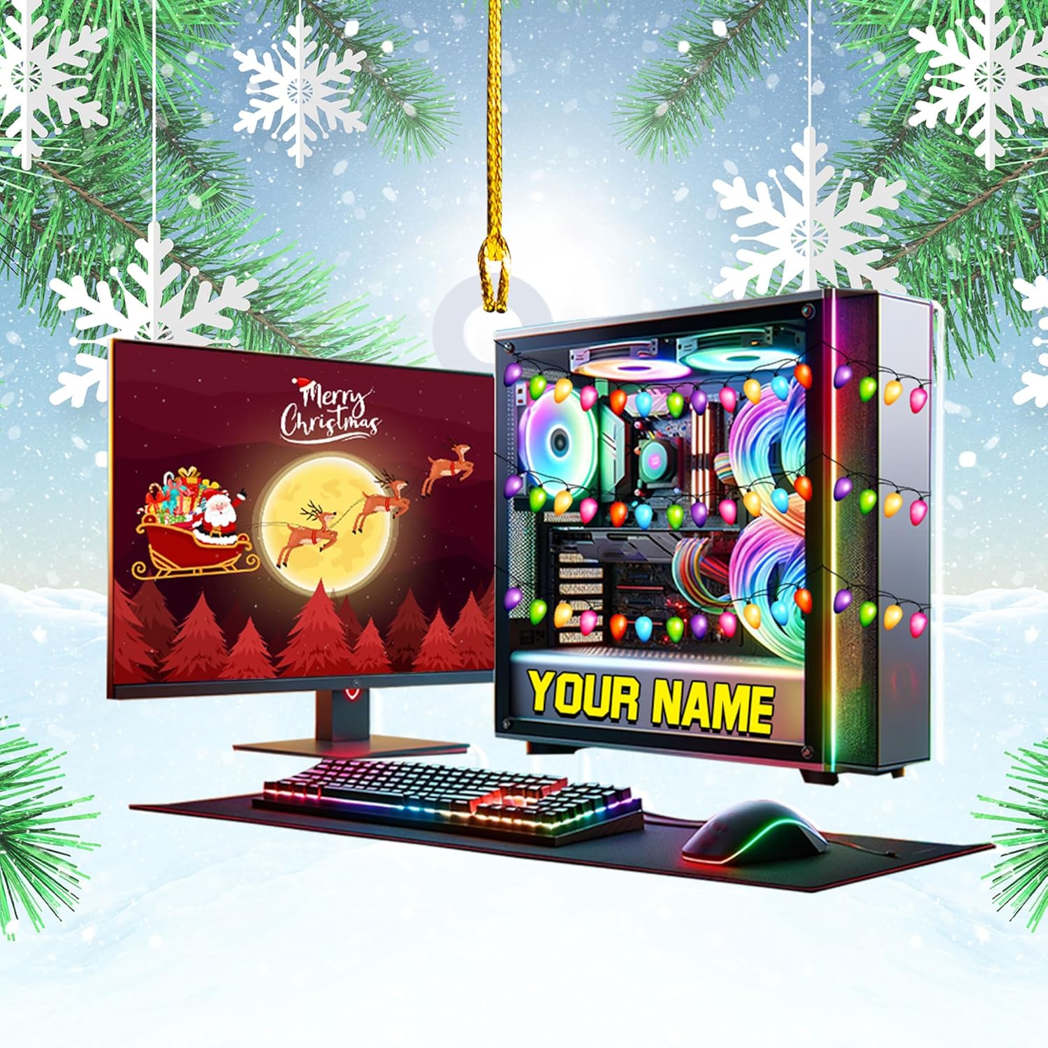 Podagree Personalized Name PC Computer Ornament Christmas, Shape Flat Christmas Ornament for Gamer, Gaming Gamer Christmas Ornament Gift for Boys, PC Game Player Decoration with Custom Name (CPT5)