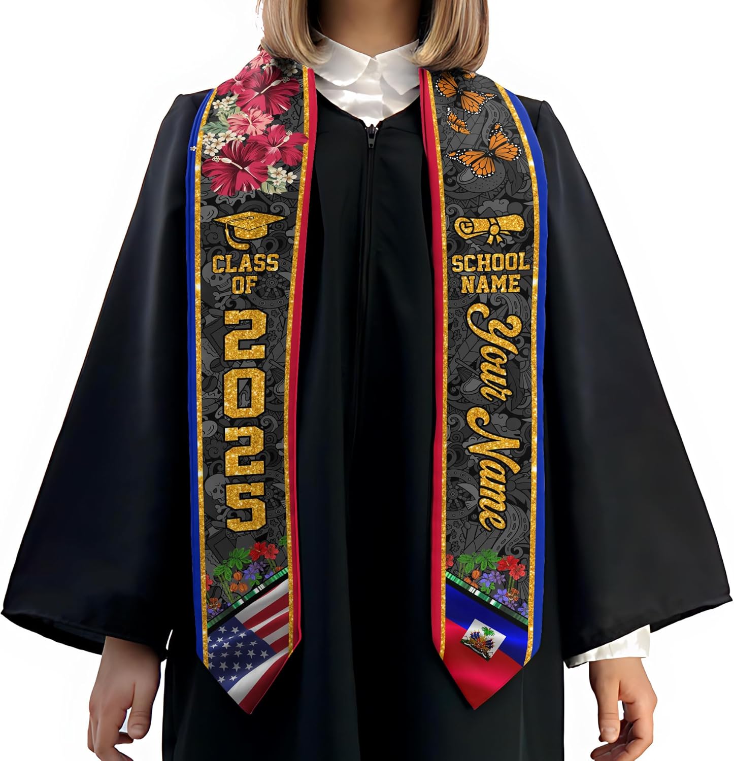 Pretyprints Haitians Graduation Sash, Haiti Graduation Stole Custom, Personalized Haitians American Flag Graduation Sash 2025