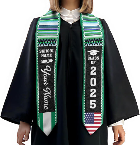 Pretyprints Custom Nigerian Graduation Sash, Nigeria Graduation Stole Customize, Nigerian American Flag Graduation Sash 2025