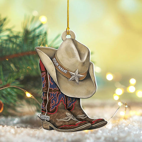 Royalbro Personalized Cowboy Christmas Ornaments, Cowboy Boots and Hat Ornament for Cowboy, Saddle Ornament, Cowboy Cowgirl Horseback Riding Ornament Tree Hanging Ornament (CB 9)