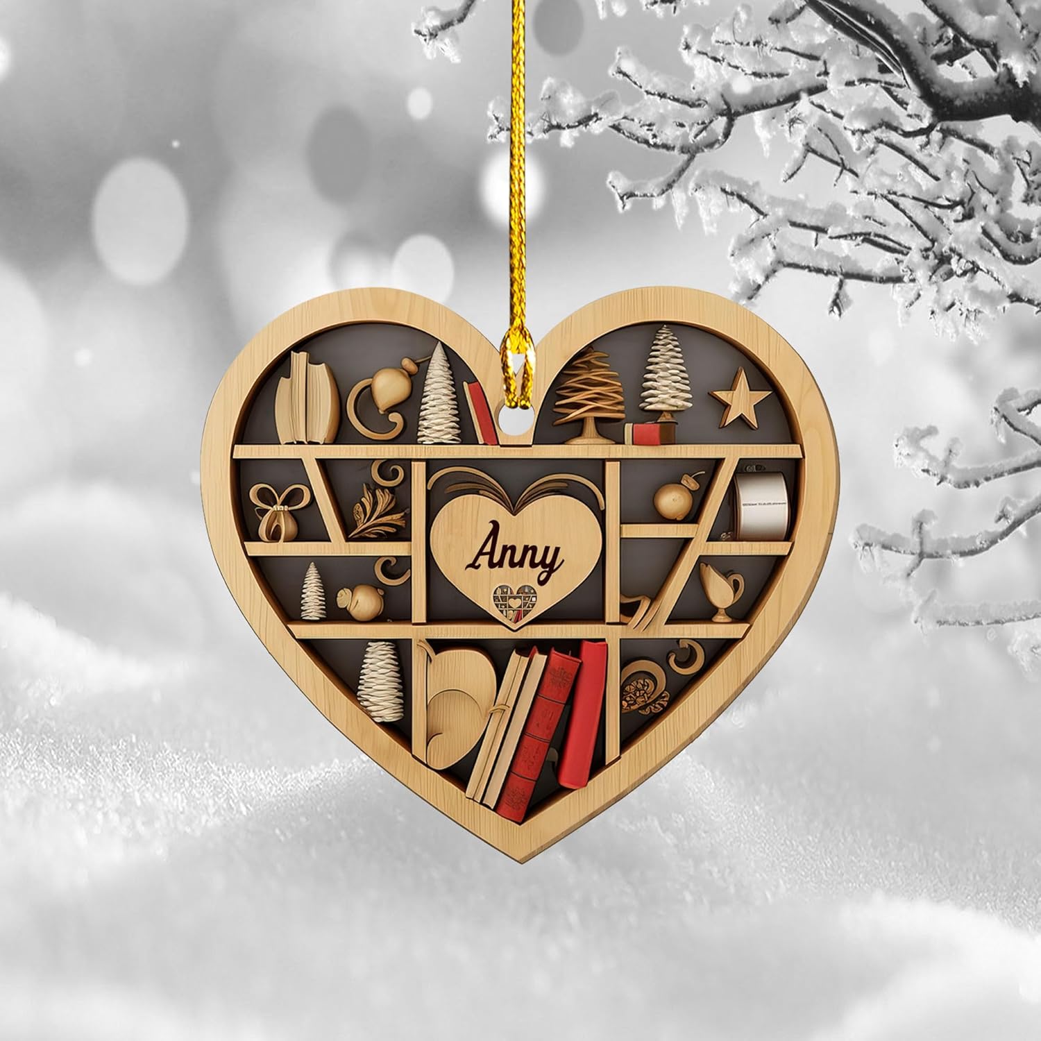 MAPrints Personalized Book Lovers Heart Ornament, Reading Book Xmas Ornament 2024, Bookshelf Printed Wood Ornament Gift for Her Librarian 2D Flat Printed Wood Book Lovers Ornament (Book 4)
