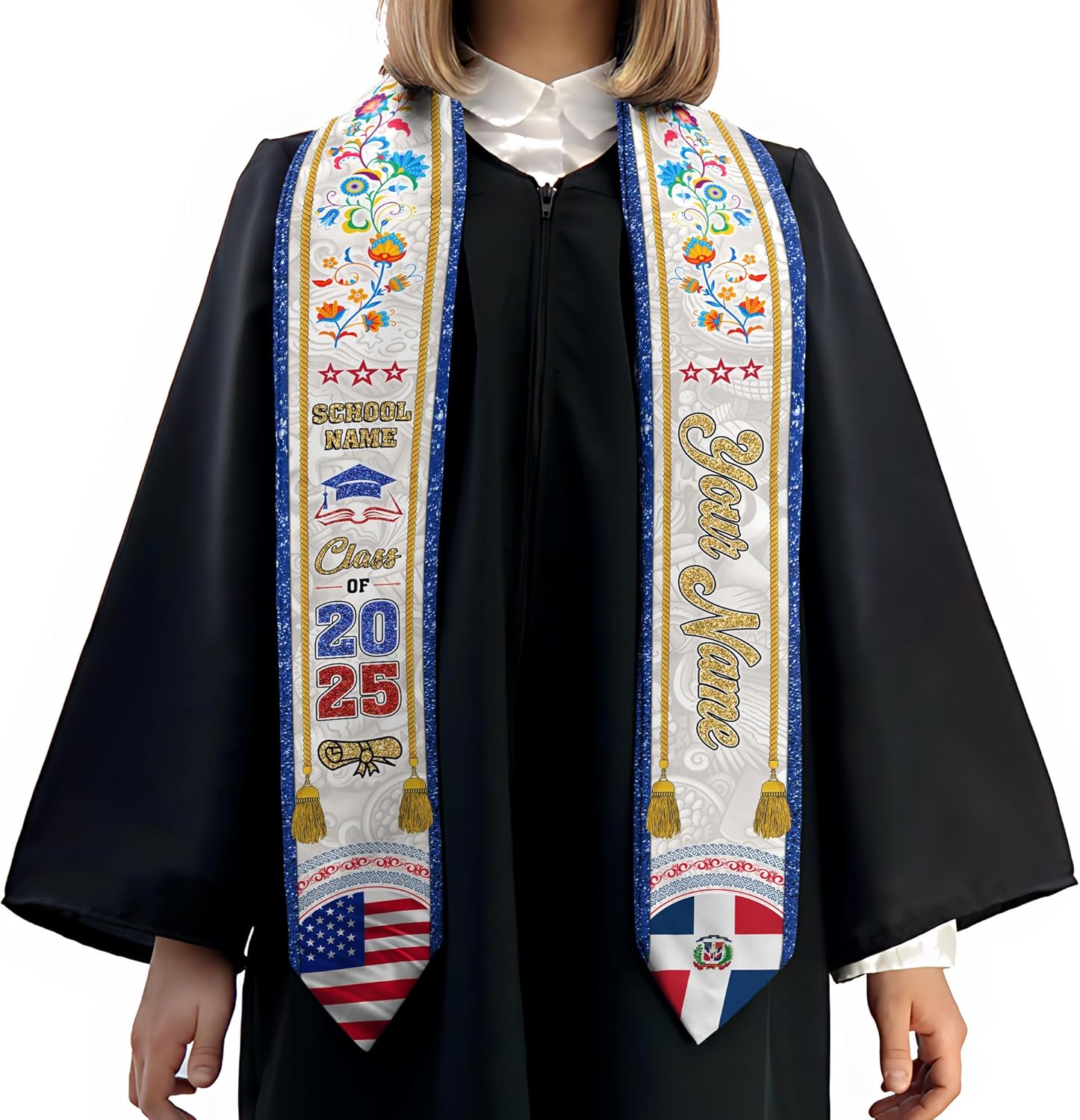 Pretyprints Custom Dominican Sash Graduation, Dominicans Flag Graduation Sash 2025, Dominican Republic Graduation Stole