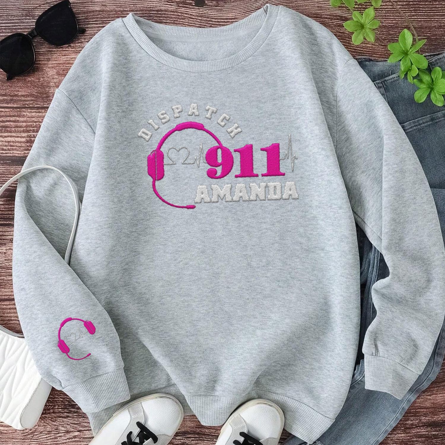 Custom Dispatcher Embroidered Sweatshirt with Thin Gold Line Flag 911 Emergency Services Personalized Shirt for Men and Women