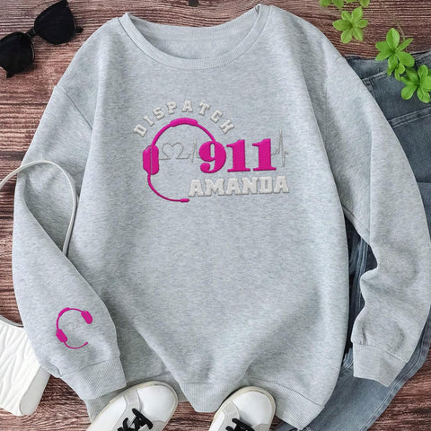 Custom Dispatcher Embroidered Sweatshirt with Thin Gold Line Flag 911 Emergency Services Personalized Shirt for Men and Women